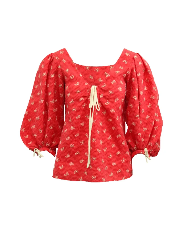 Rosie Assoulin Floral Tie Neck Blouse in Red Polyester Chic Ruffle Blouse
