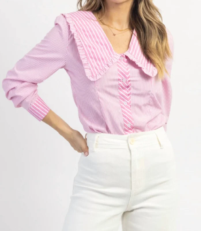 Ruffle Button Down Blouse In Pink Striped Ruffled Neck Blouse