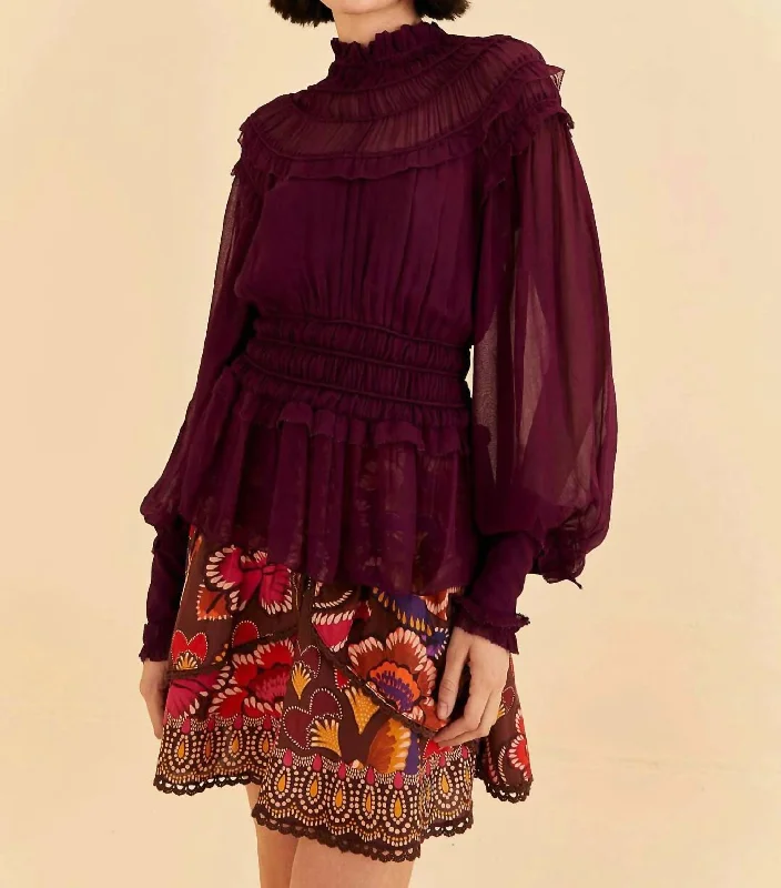 Ruffle High Neck Blouse In Burgundy Versatile Layering Blouse