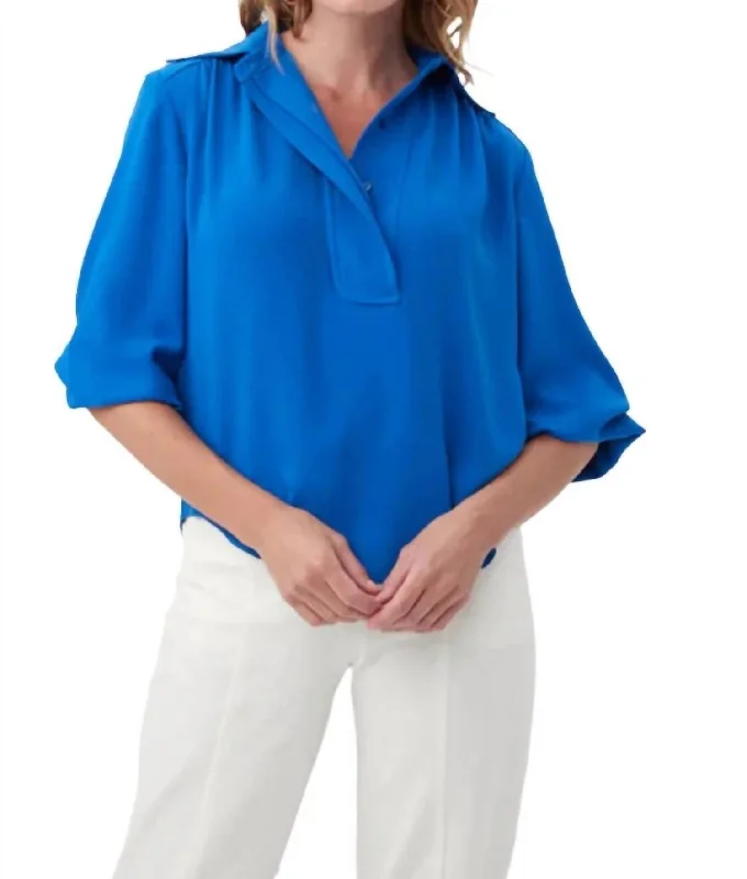 Rum Top Blouse In Blue Hawaiian Pleated Collar Blouse