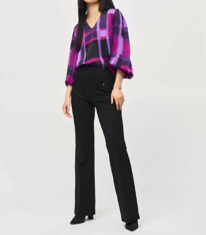 Satin Abstract Plaid Print Top In Purple Blouse Boho Printed Blouse