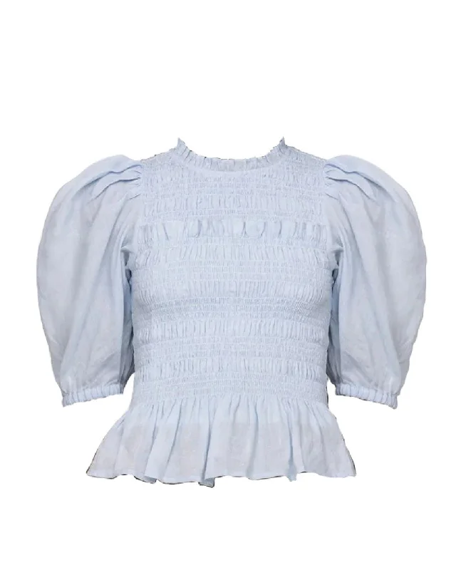 Sea Ny Women's Cole Smocked Ramie Long Sleeve Blouse, Sky High Neck Blouse
