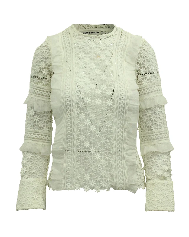 Self-Portrait Lace Long Sleeve Blouse in White Polyester Elegant Silk Blouse