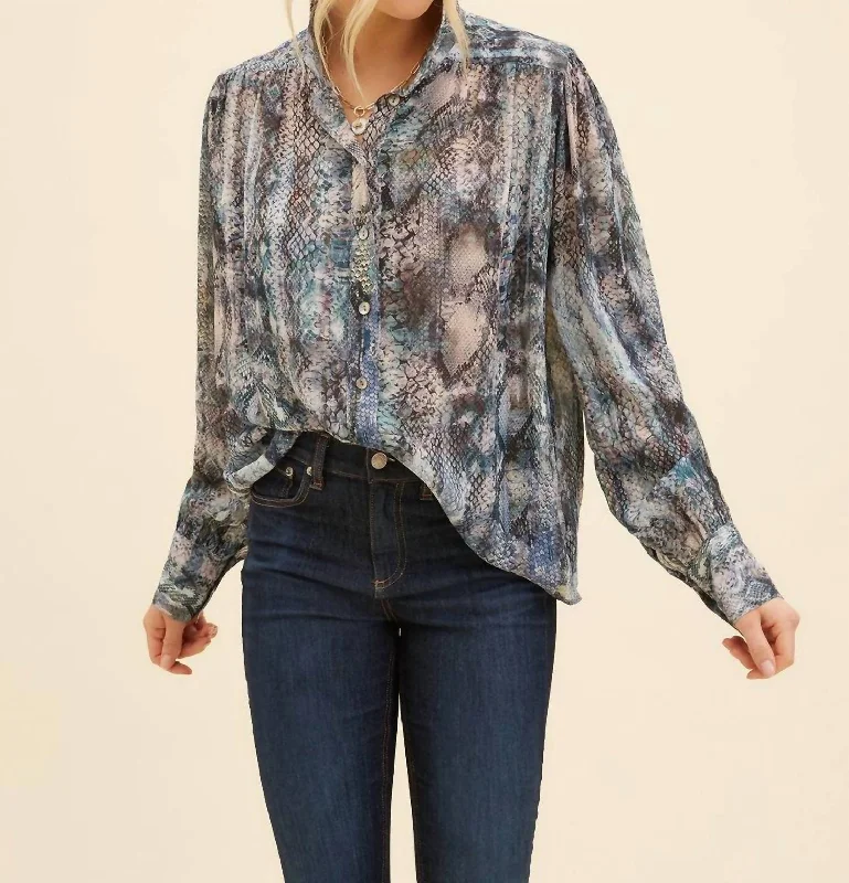 Shirred Blouse In Blue Snake Print Ruffled Neck Blouse
