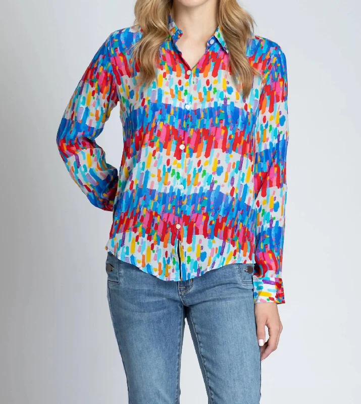 Show Button-Up Roll Sleeve Blouse In Multi Side Tie Blouse