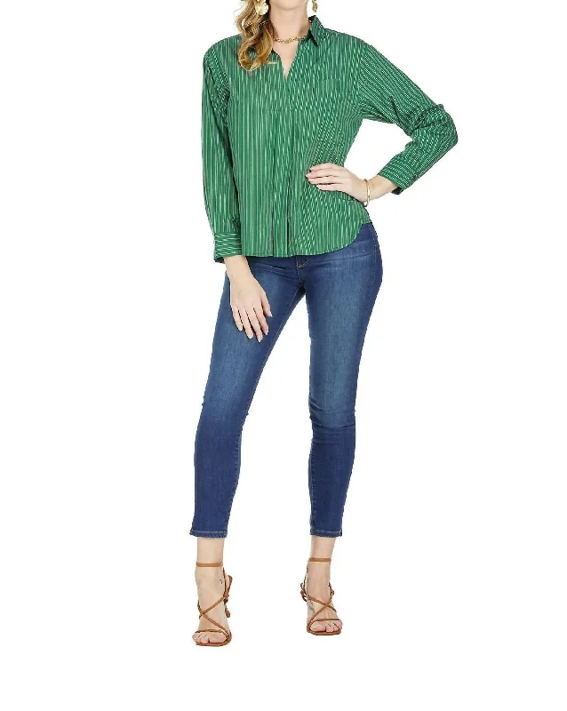 Stripe Blouse In Hunter Green Feminine Ruffle Blouse