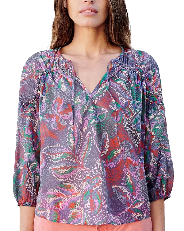 SUNDRY 3/4-Sleeve V-Neck Blouse Silky Draped Blouse