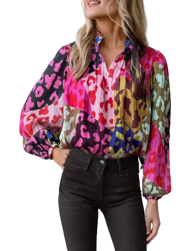 Tammy Color Block Printed Crinkle Blouse In Leopard Elegant Peplum Blouse