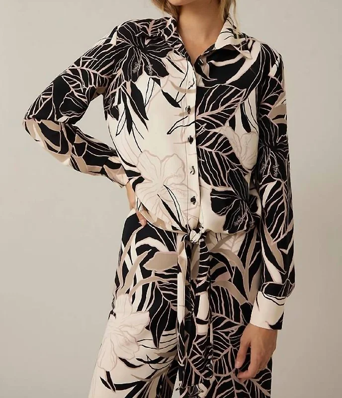Tropical Print Blouse In Biege/black Flowy Bohemian Blouse