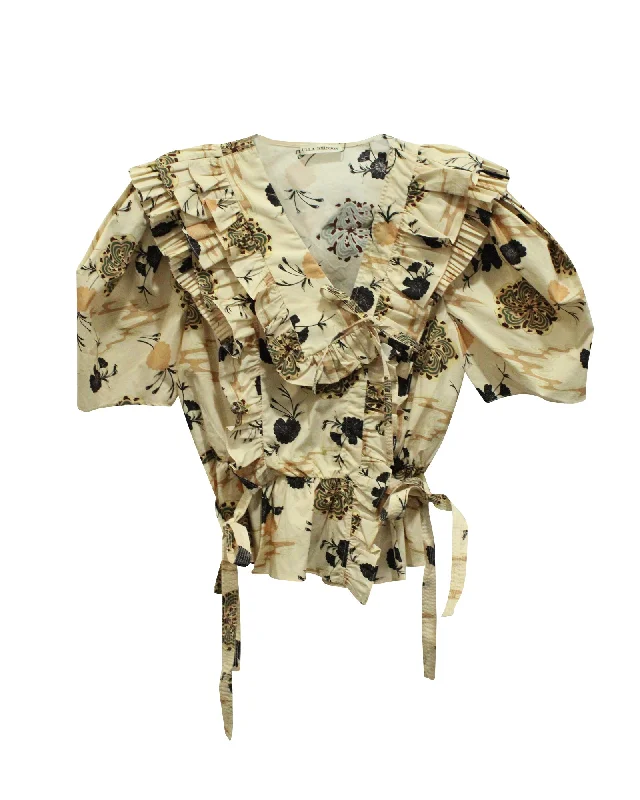 Ulla Johnson Ruffled Floral Print Wrap Blouse in Beige Cotton Puff Sleeve Blouse