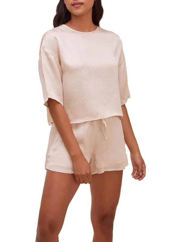 Valda Womens Satin Short Sleeves Blouse Textured Cotton Blouse