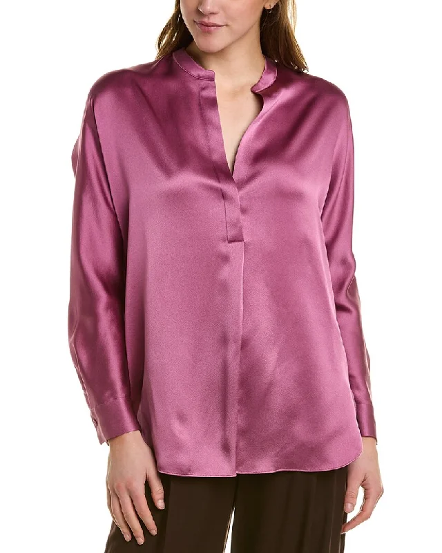 Vince Band Collar Silk Blouse Delicate Pleat Blouse