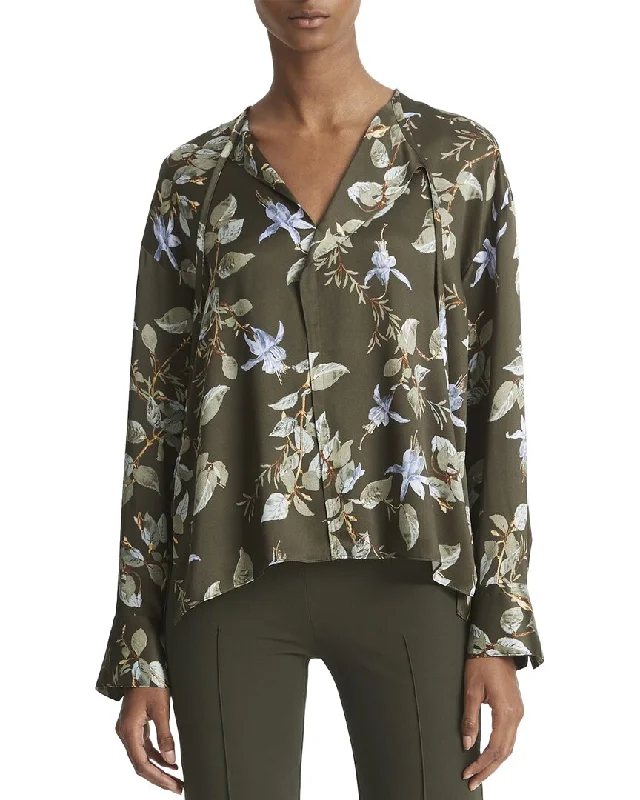 Vince Bellflower Draped Silk Blouse Elegant Embroidery Blouse