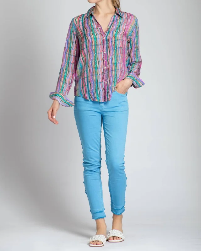 Waves And Stripes Buttondown Blouse In Multi Double-Layered Blouse