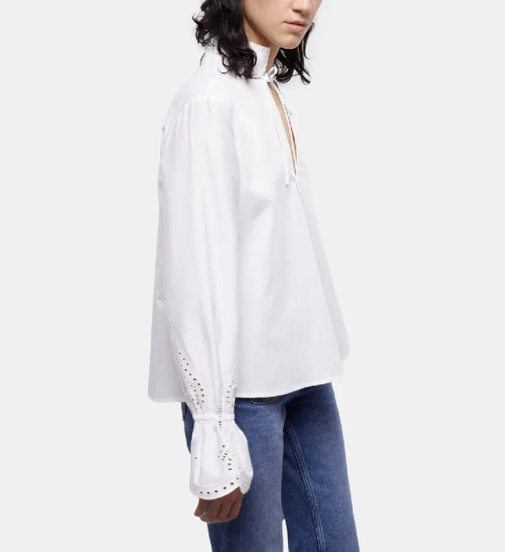 White Blouse With Broderie Anglaise Sheer Sleeve Blouse