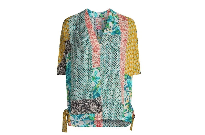 Women Ravenne Paisley V-Neck Tie Sides Pull On Top Blouse In Multicolor Satin Long Blouse