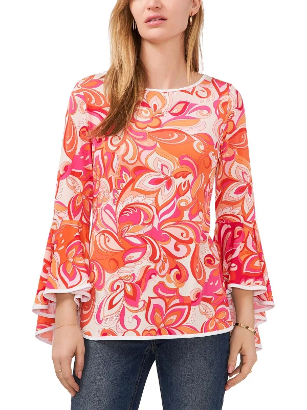 Womens Bell Sleeve Printed Blouse Puff Sleeve Blouse