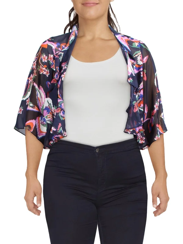 Womens Chiffon Open Front Blouse Ruffled Neck Blouse