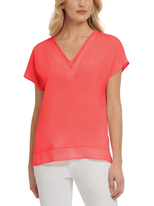 Womens Chiffon V-Neck Blouse Casual Button Blouse