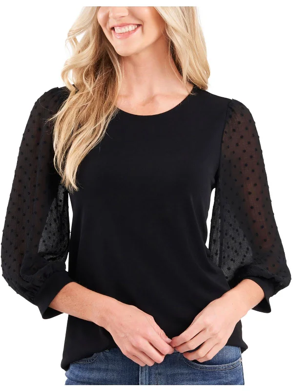 Womens Clip Dot Crewneck Blouse Feminine Ruffle Blouse