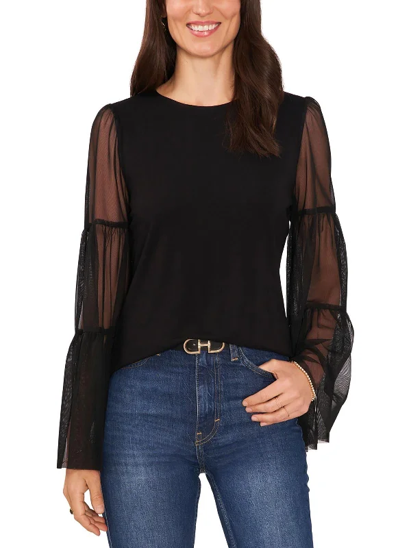 Womens Crewneck Mesh Blouse Classic Minimalist Blouse