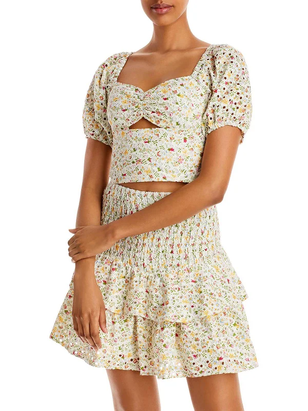 Womens Cut Out Cropped Blouse Delicate Bow Blouse