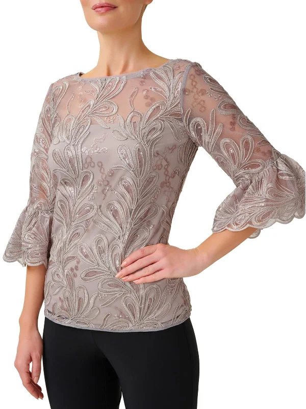 Womens Embroidered Sequined Blouse Feminine Ruffle Blouse