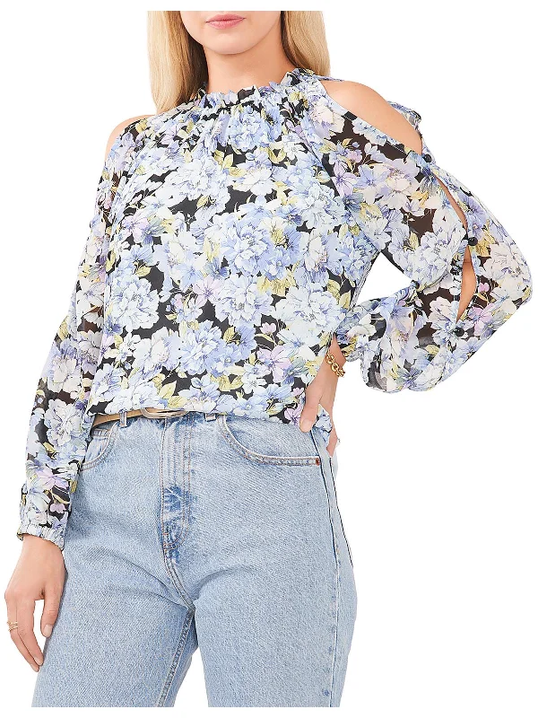 Womens Floral Print Ruffle Neck Blouse Chic Wrap Blouse