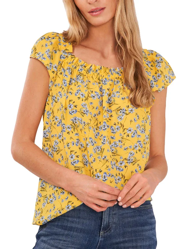 Womens Floral Print Ruffled Blouse Puff Sleeve Blouse