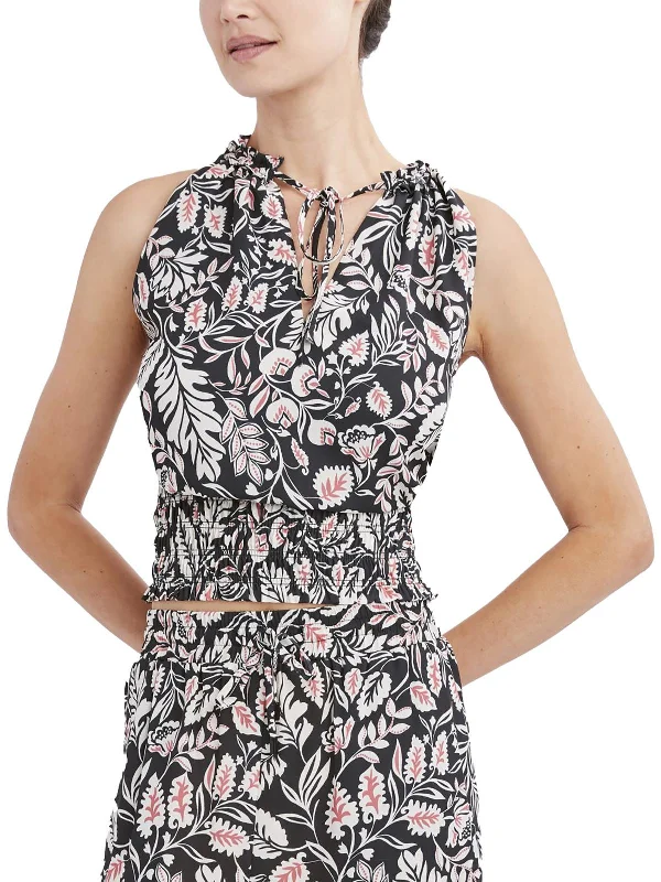 Womens Floral Print Smocked Blouse Elegant Semi-Sheer Blouse