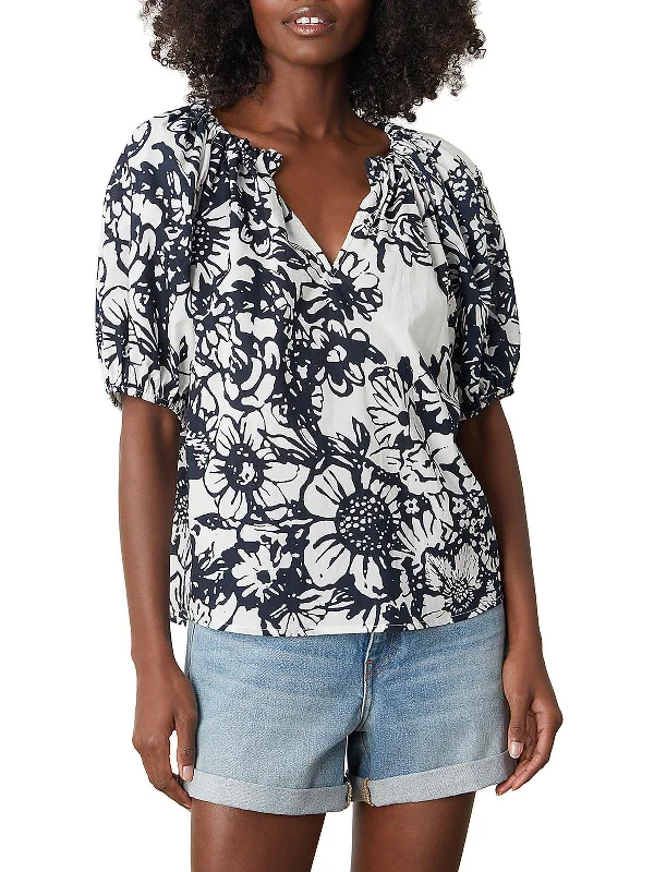 Womens Floral Print V-Neck Blouse Feminine Satin Blouse