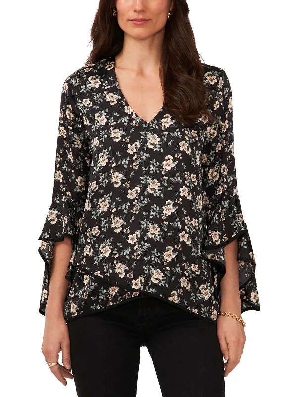 Womens Floral V Neck Blouse Subtle Shimmer Blouse