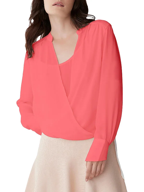 Womens Hi-Low Surplice Blouse Mandarin Collar Blouse