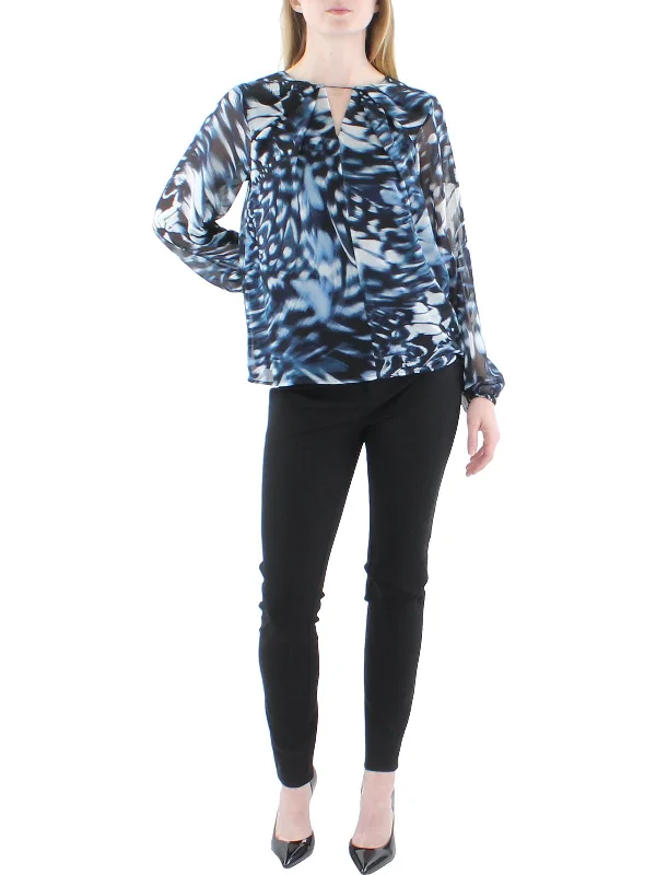 Womens Keyhole Neck Lined Blouse Stretchy Fitted Blouse