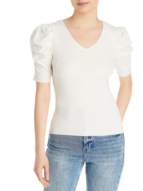 Womens Knit Shirred Blouse Floral Chiffon Blouse