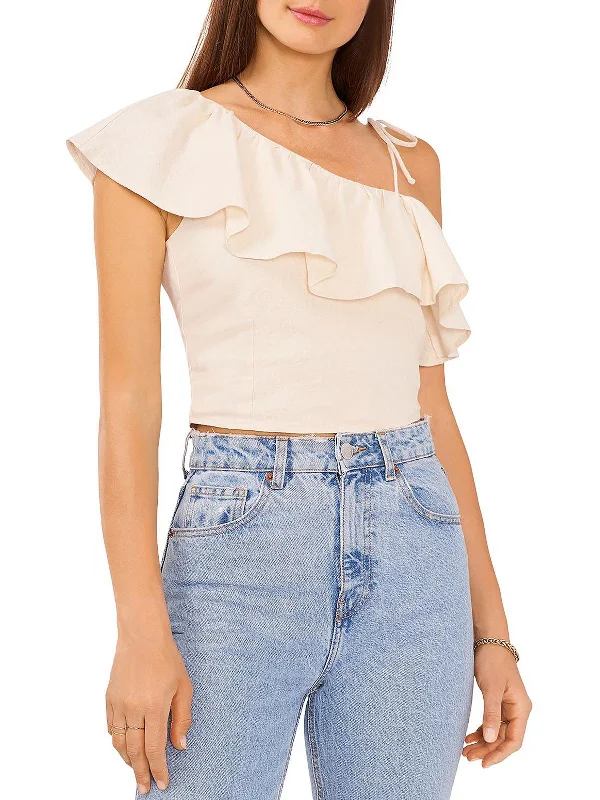 Womens Linen Blend Cropped Blouse Subtle Shimmer Blouse