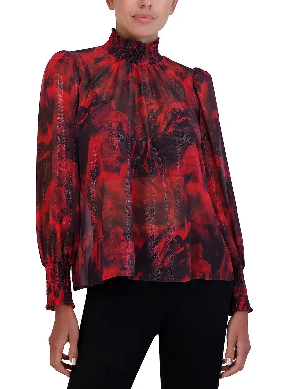 Womens Metallic Mock Neck Blouse Puff Sleeve Blouse