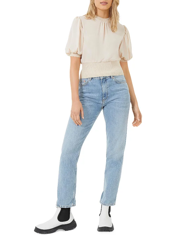 Womens Ribbed Trim  Polyester Blouse Sheer Mesh Blouse