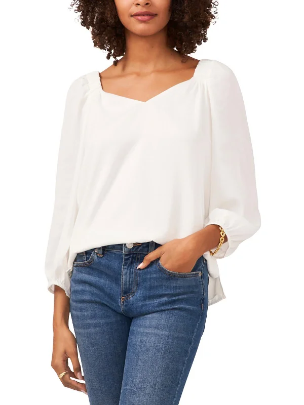 Womens Ruched Shoulder Puff Sleeve Blouse Elegant Silk Blouse