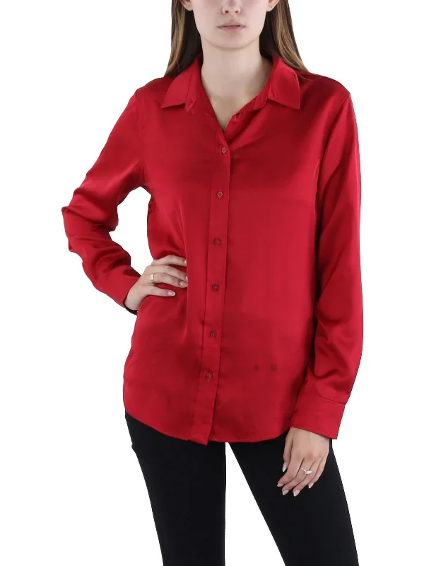 Womens Satin Button Front Blouse Feminine Satin Blouse