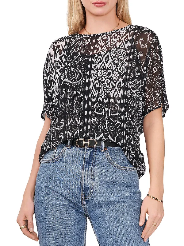 Womens Sheer Crewneck Blouse Chic Sleeveless Blouse