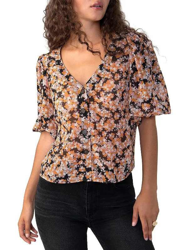 Womens Sheer Puff Sleeve Blouse Sweetheart Neck Blouse