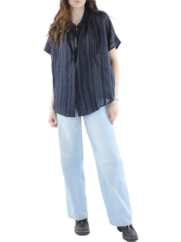 Womens Shirred Mandarin Collar Blouse Short Sleeve Blouse