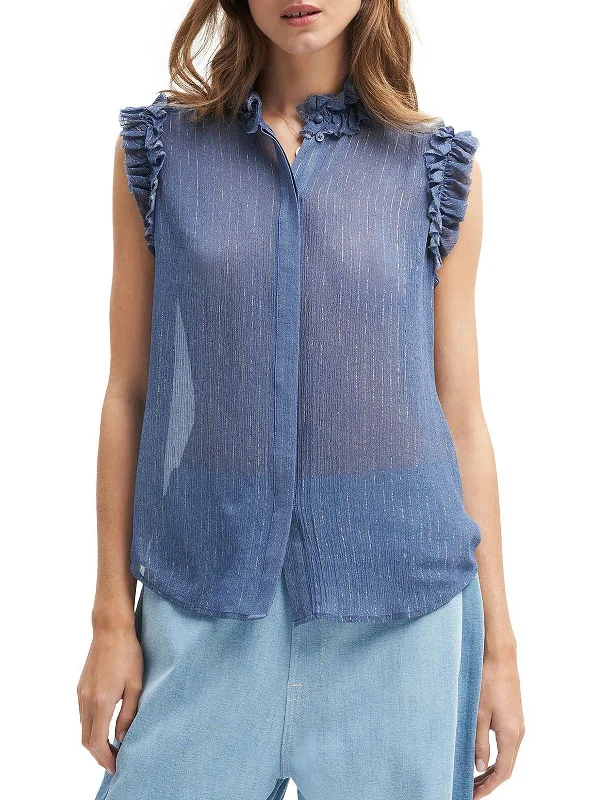 Womens Silk Metallic Blouse Sheer Sleeve Blouse
