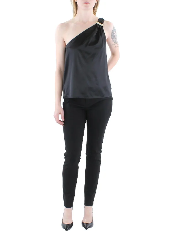 Womens Silk One Shoulder Blouse Feminine Satin Blouse