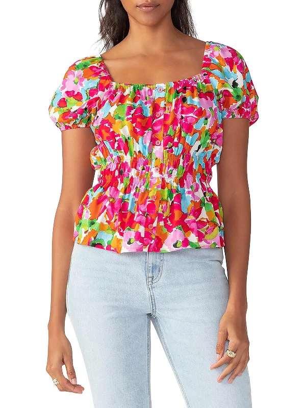 Womens Smocked Button Front Blouse Stylish Wrap Blouse