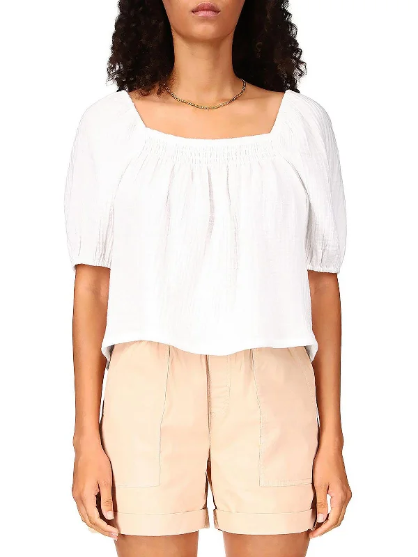 Womens Smocked Puff Sleeve Blouse Classic Striped Blouse