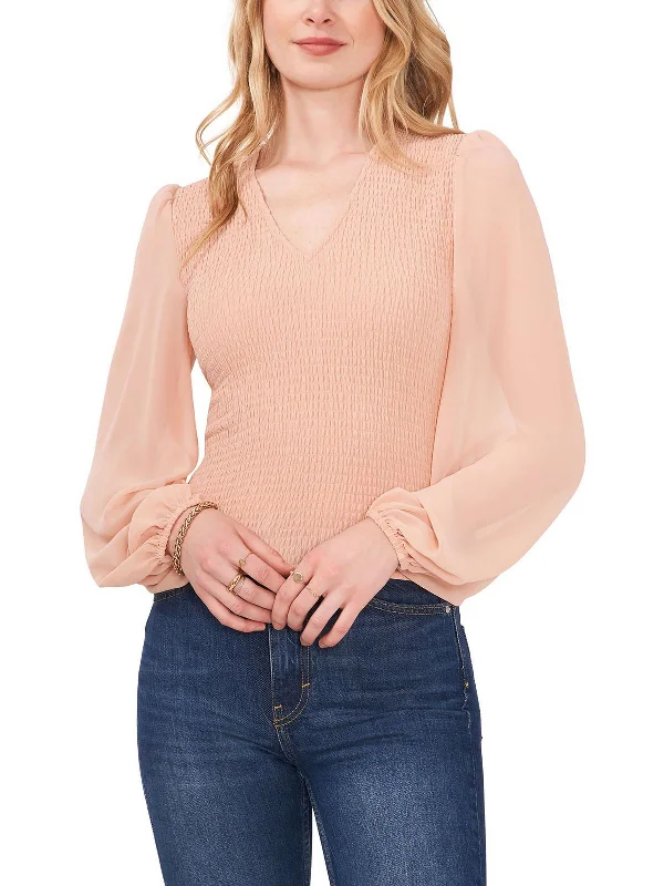 Womens Smocked V-Neck Blouse Casual Button Blouse