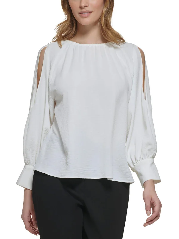 Womens Split Sleeve Elastic Neck Blouse Stretchy Fitted Blouse