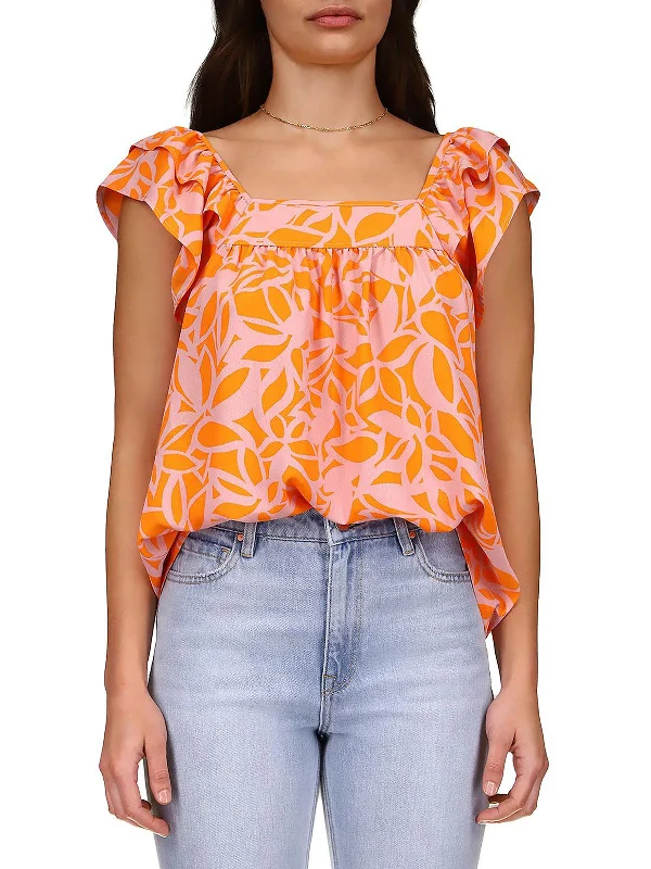 Womens Square Neck Printed Blouse Oversized Silk Blouse